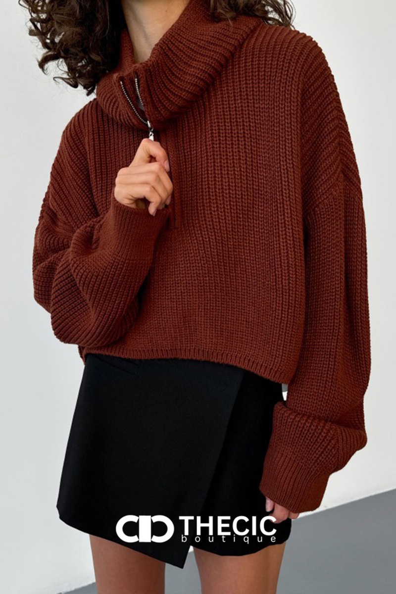 Ribbed Knit Half-Zip Cropped Oversized Sweater
