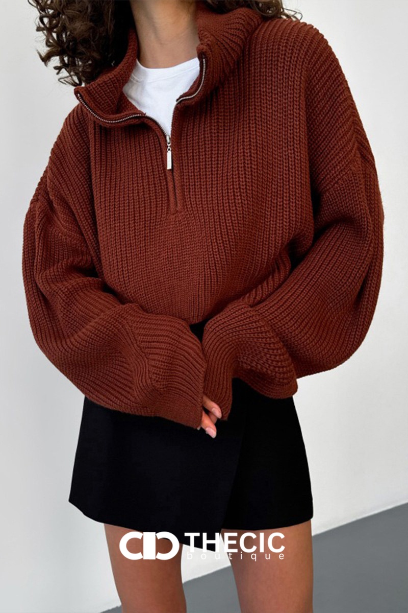 Ribbed Knit Half-Zip Cropped Oversized Sweater