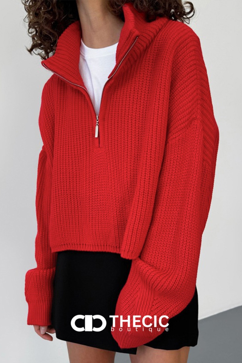 Ribbed Knit Half-Zip Cropped Oversized Sweater