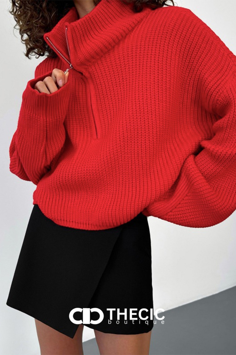 Ribbed Knit Half-Zip Cropped Oversized Sweater