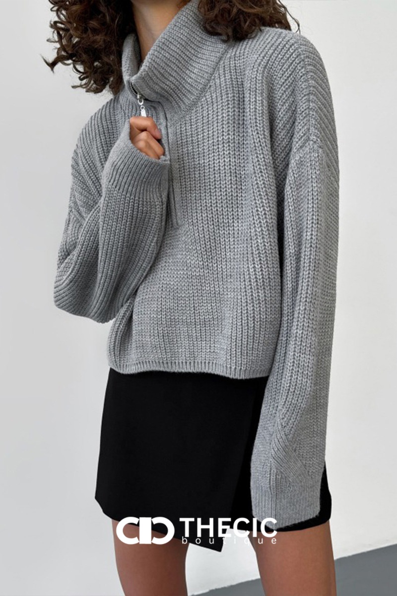Ribbed Knit Half-Zip Cropped Oversized Sweater