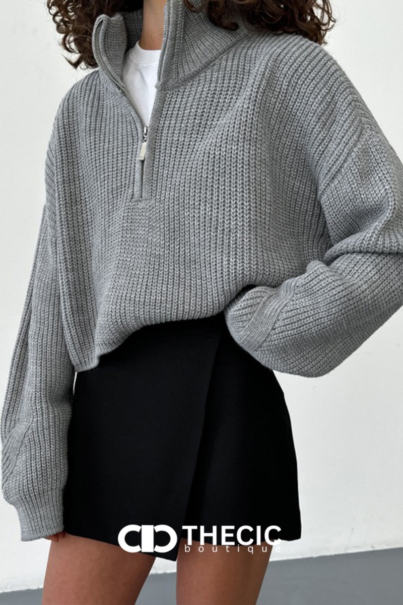 Ribbed Knit Half-Zip Cropped Oversized Sweater