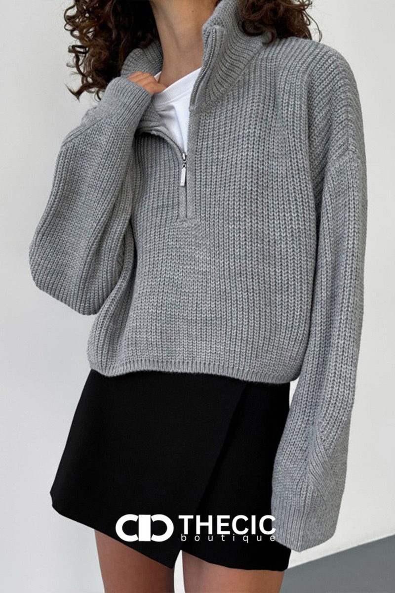 Ribbed Knit Half-Zip Cropped Oversized Sweater