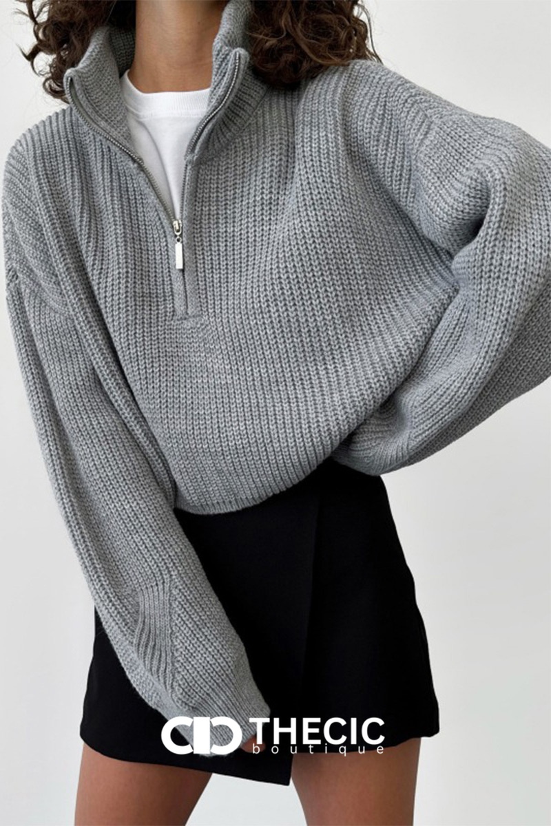 Ribbed Knit Half-Zip Cropped Oversized Sweater