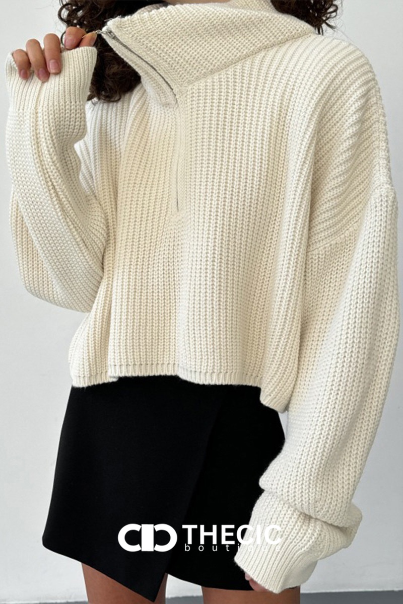 Ribbed Knit Half-Zip Cropped Oversized Sweater