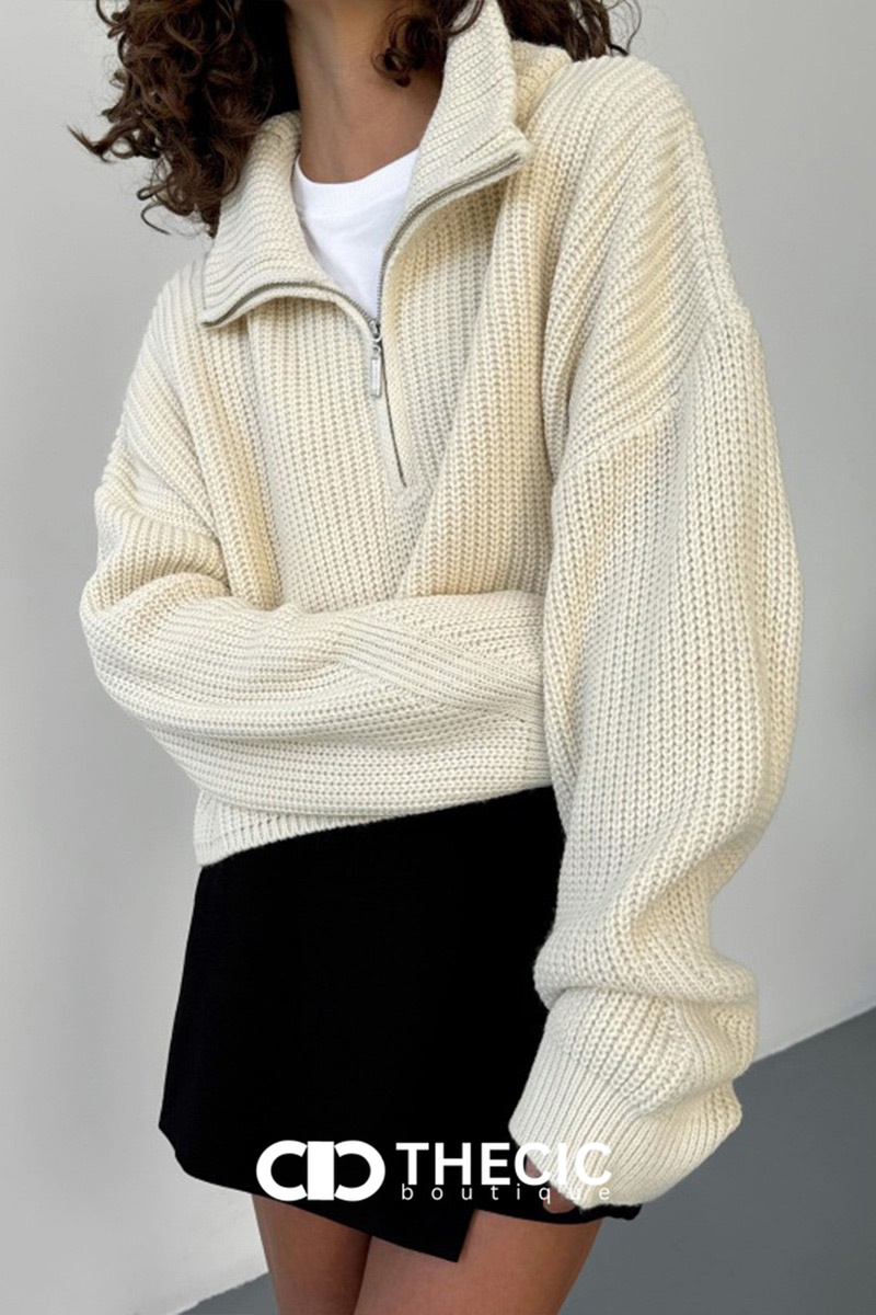 Ribbed Knit Half-Zip Cropped Oversized Sweater