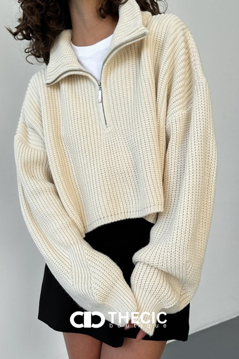 Ribbed Knit Half-Zip Cropped Oversized Sweater