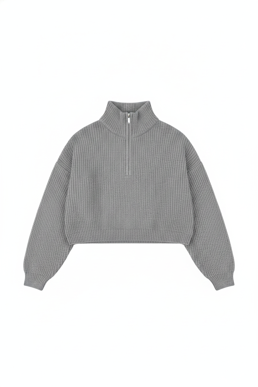 Ribbed Knit Half-Zip Cropped Oversized Sweater
