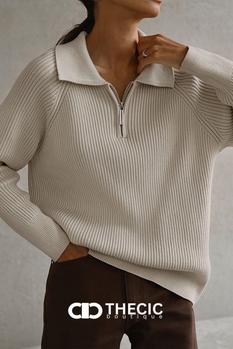 Ribbed Knit Polo Collar Quarter-Zip Sweater