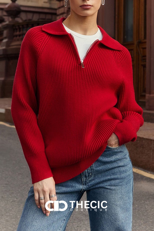 Ribbed Knit Polo Collar Quarter-Zip Sweater