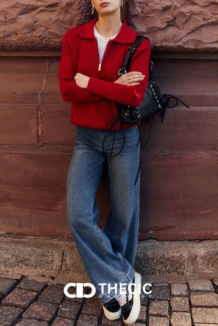 Ribbed Knit Polo Collar Quarter-Zip Sweater