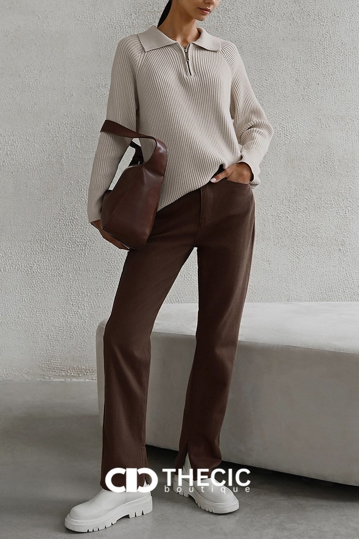 Ribbed Knit Polo Collar Quarter-Zip Sweater