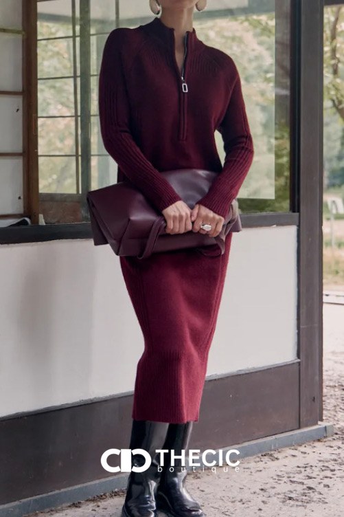 Ribbed Knit Half-Zip Stand Collar Midi Dress
