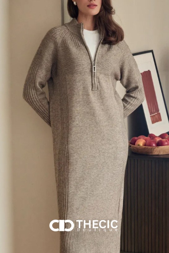 Ribbed Knit Half-Zip Stand Collar Midi Dress