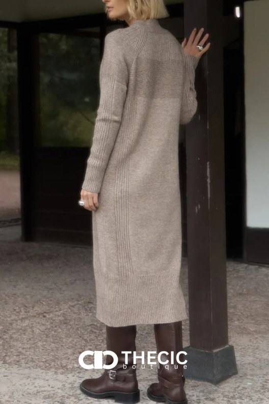 Ribbed Knit Half-Zip Stand Collar Midi Dress