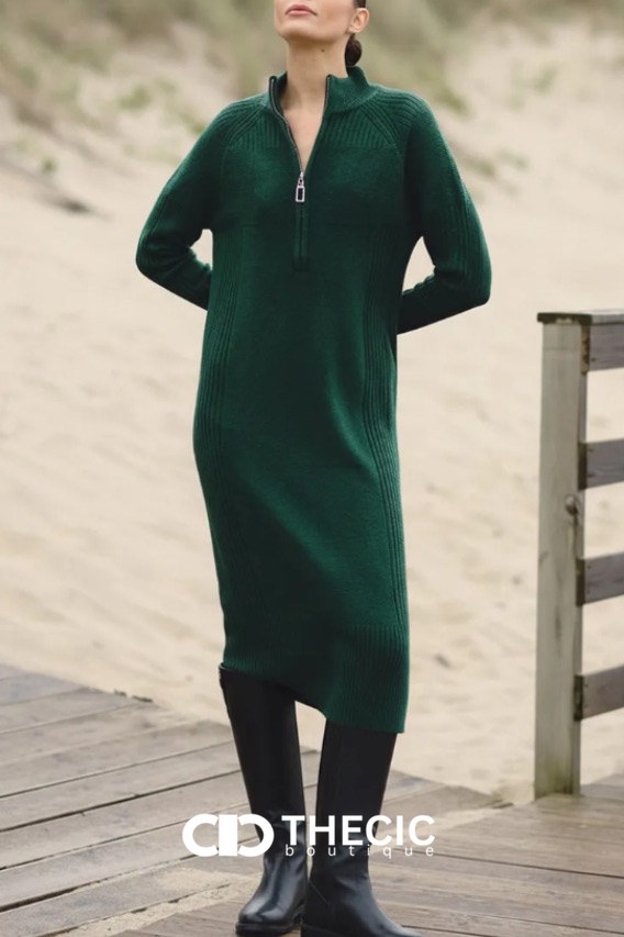 Ribbed Knit Half-Zip Stand Collar Midi Dress