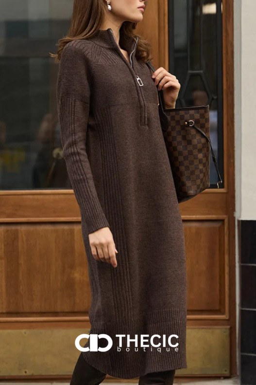 Ribbed Knit Half-Zip Stand Collar Midi Dress