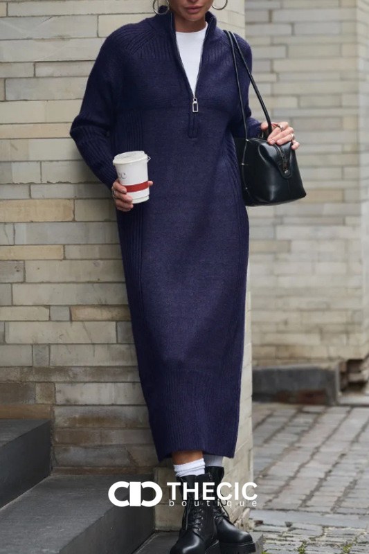 Ribbed Knit Half-Zip Stand Collar Midi Dress