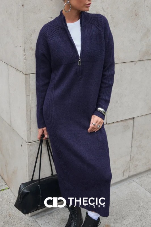 Ribbed Knit Half-Zip Stand Collar Midi Dress