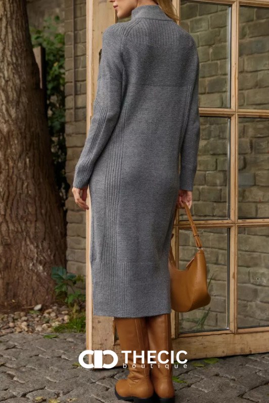 Ribbed Knit Half-Zip Stand Collar Midi Dress