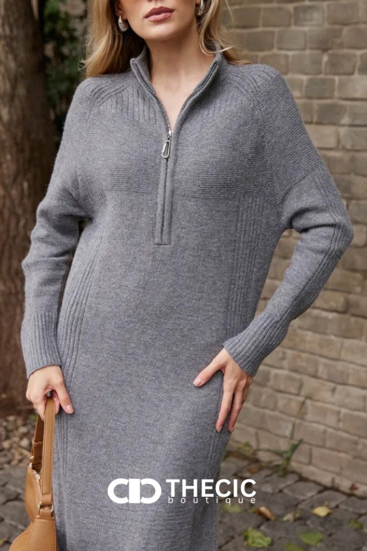 Ribbed Knit Half-Zip Stand Collar Midi Dress