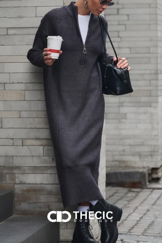 Ribbed Knit Half-Zip Stand Collar Midi Dress