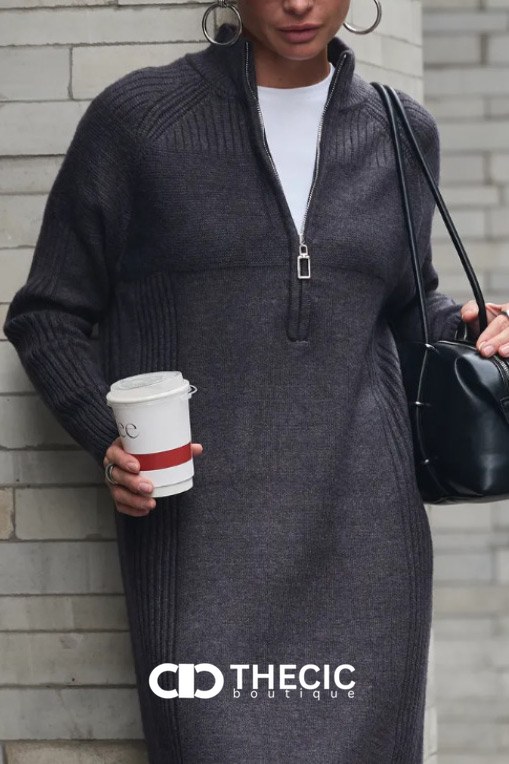 Ribbed Knit Half-Zip Stand Collar Midi Dress