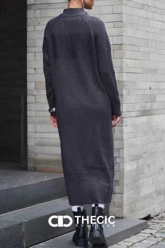 Ribbed Knit Half-Zip Stand Collar Midi Dress