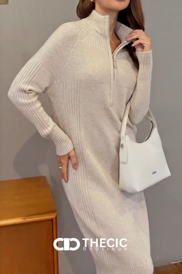 Ribbed Knit Half-Zip Stand Collar Midi Dress