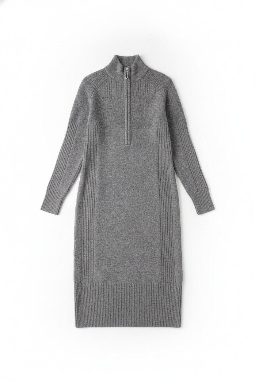 Ribbed Knit Half-Zip Stand Collar Midi Dress