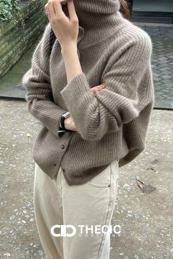 Ribbed Knit High Collar Button Cardigan