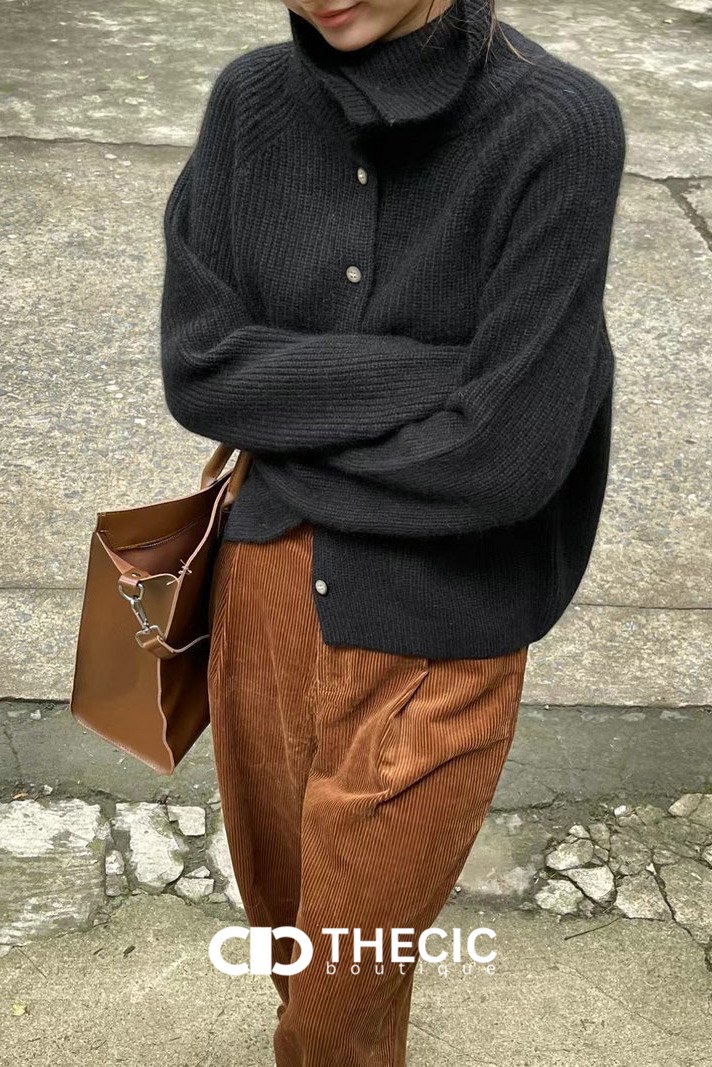 Ribbed Knit High Collar Button Cardigan