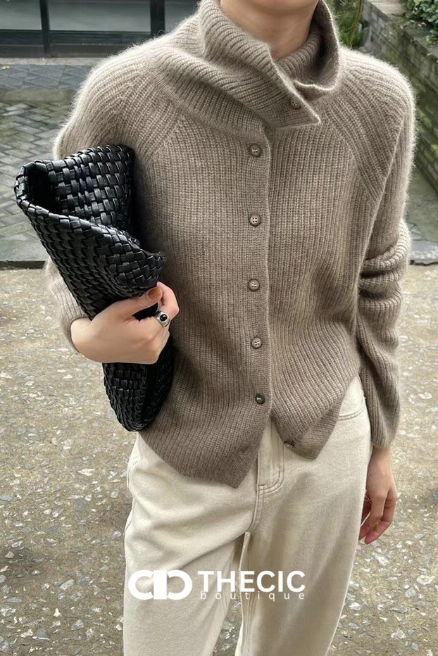Ribbed Knit High Collar Button Cardigan