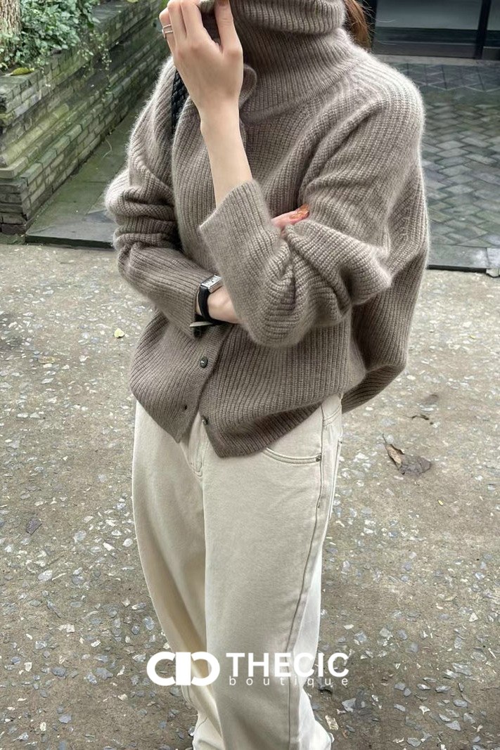 Ribbed Knit High Collar Button Cardigan