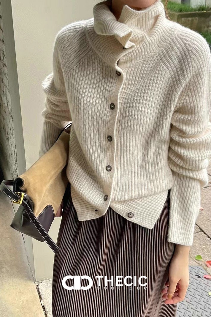Ribbed Knit High Collar Button Cardigan
