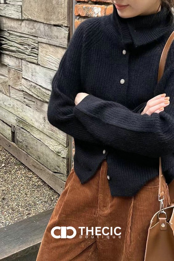 Ribbed Knit High Collar Button Cardigan