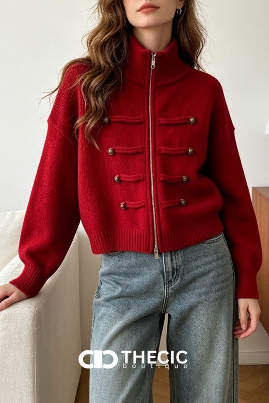 Ribbed Knit High Collar Military Style Cardigan