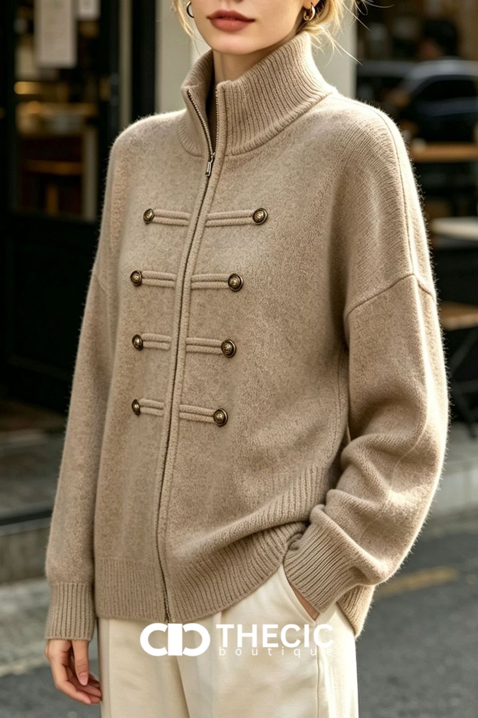 Ribbed Knit High Collar Military Style Cardigan