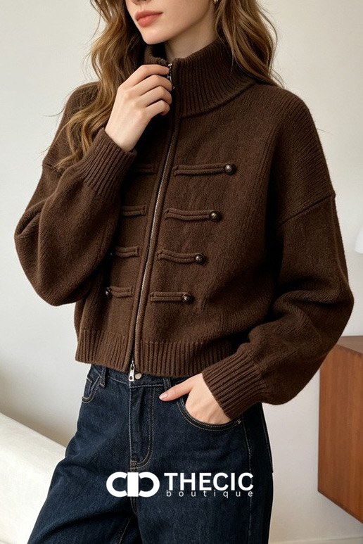 Ribbed Knit High Collar Military Style Cardigan