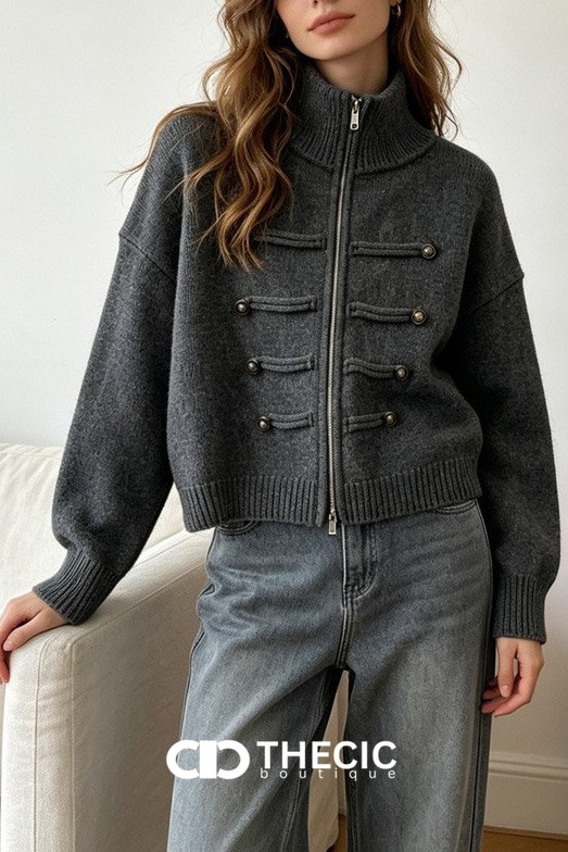 Ribbed Knit High Collar Military Style Cardigan