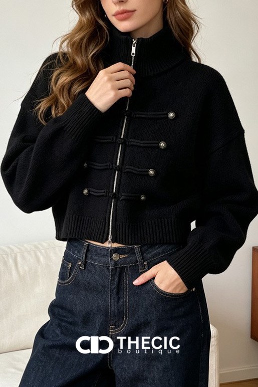 Ribbed Knit High Collar Military Style Cardigan