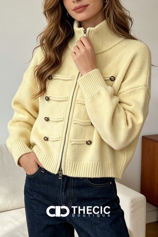 Ribbed Knit High Collar Military Style Cardigan