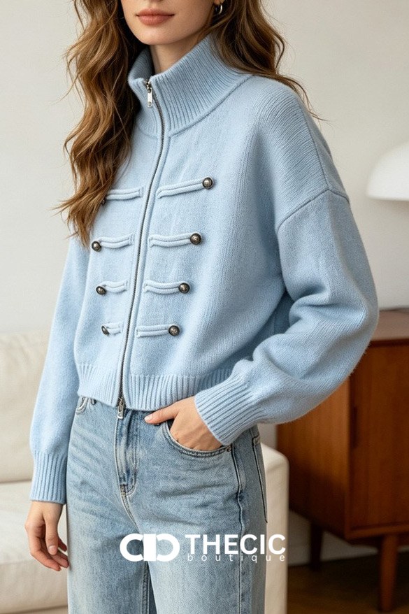 Ribbed Knit High Collar Military Style Cardigan