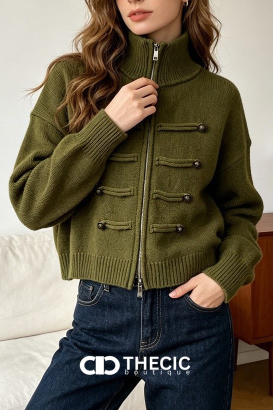 Ribbed Knit High Collar Military Style Cardigan