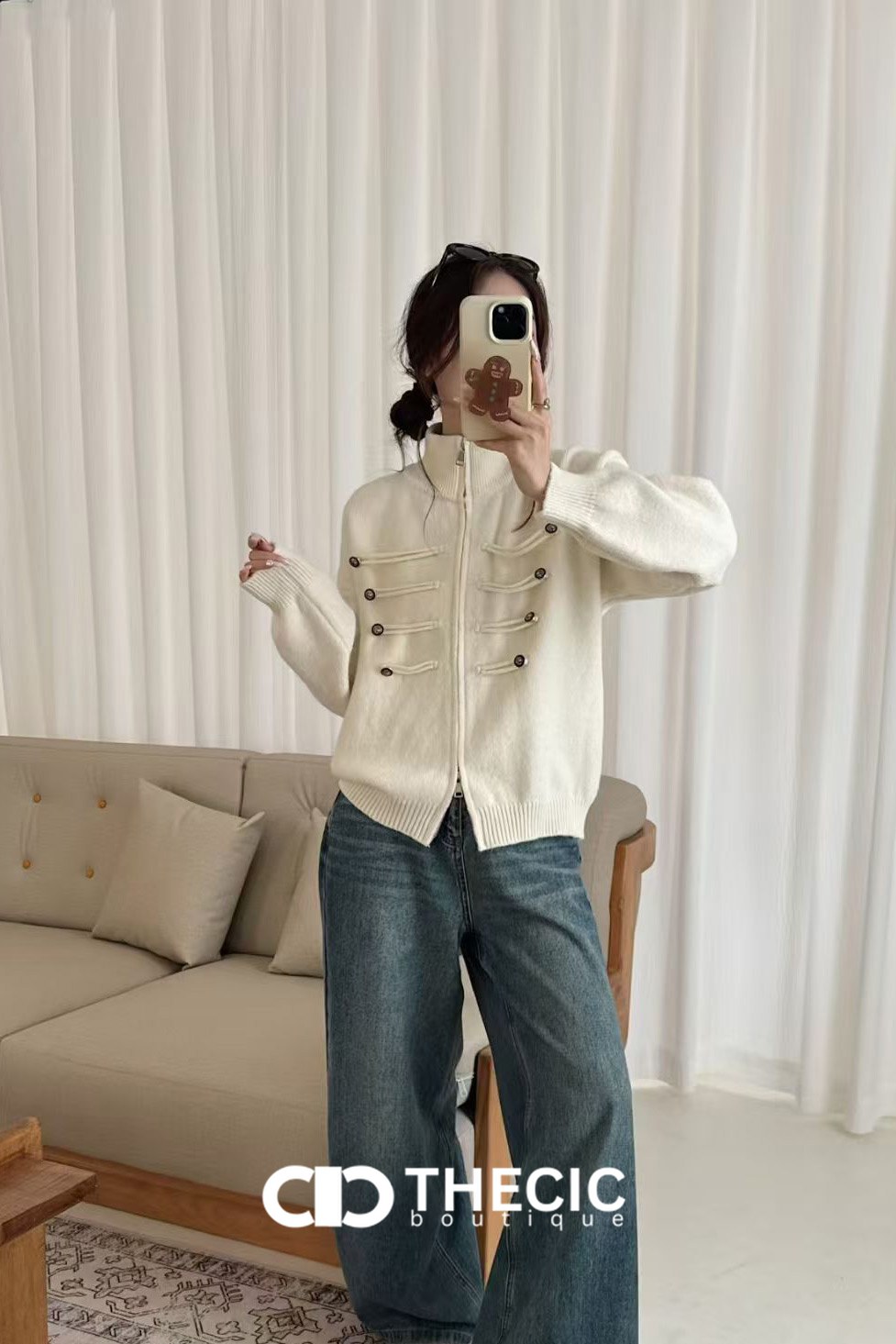 Ribbed Knit High Collar Military Style Cardigan