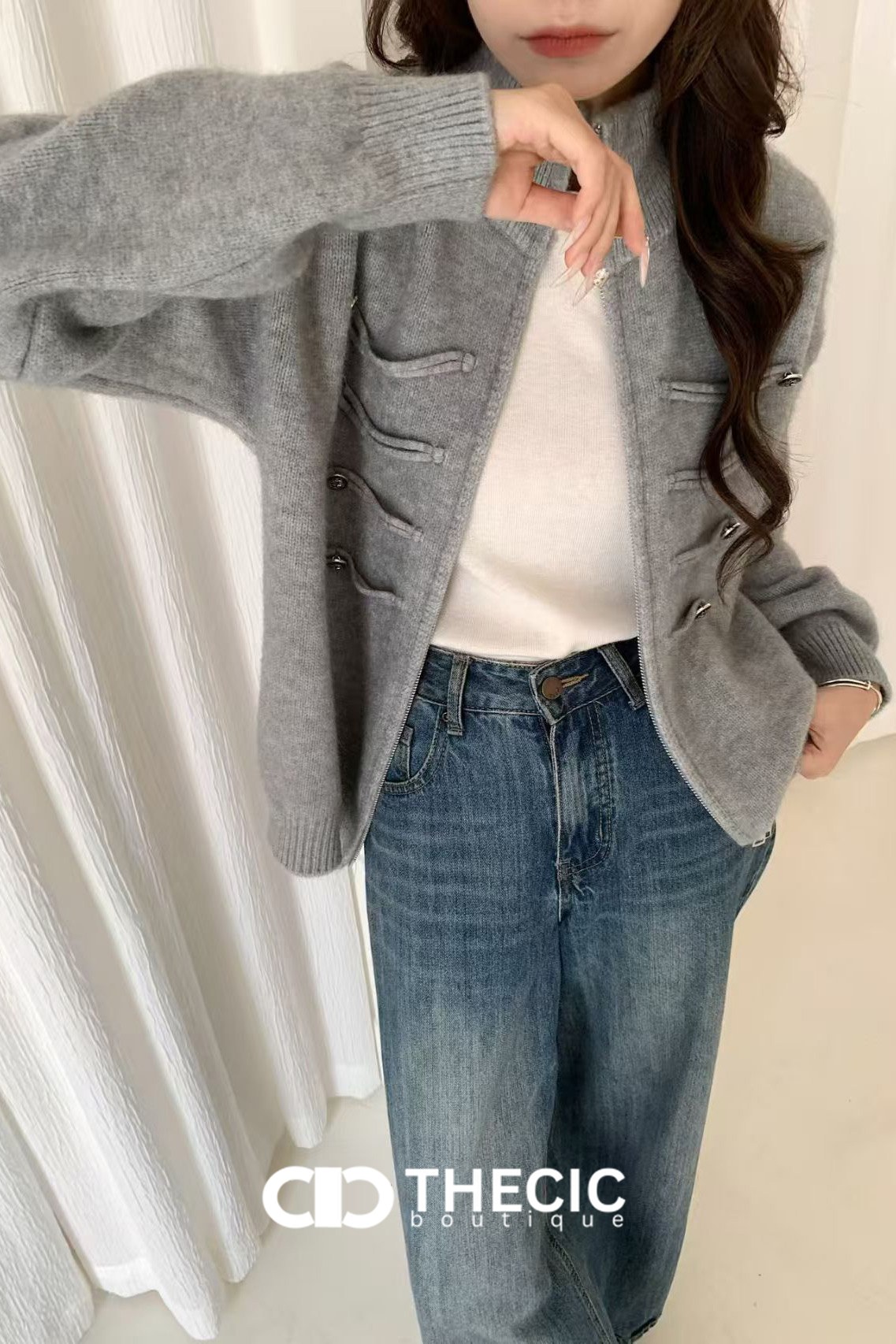 Ribbed Knit High Collar Military Style Cardigan
