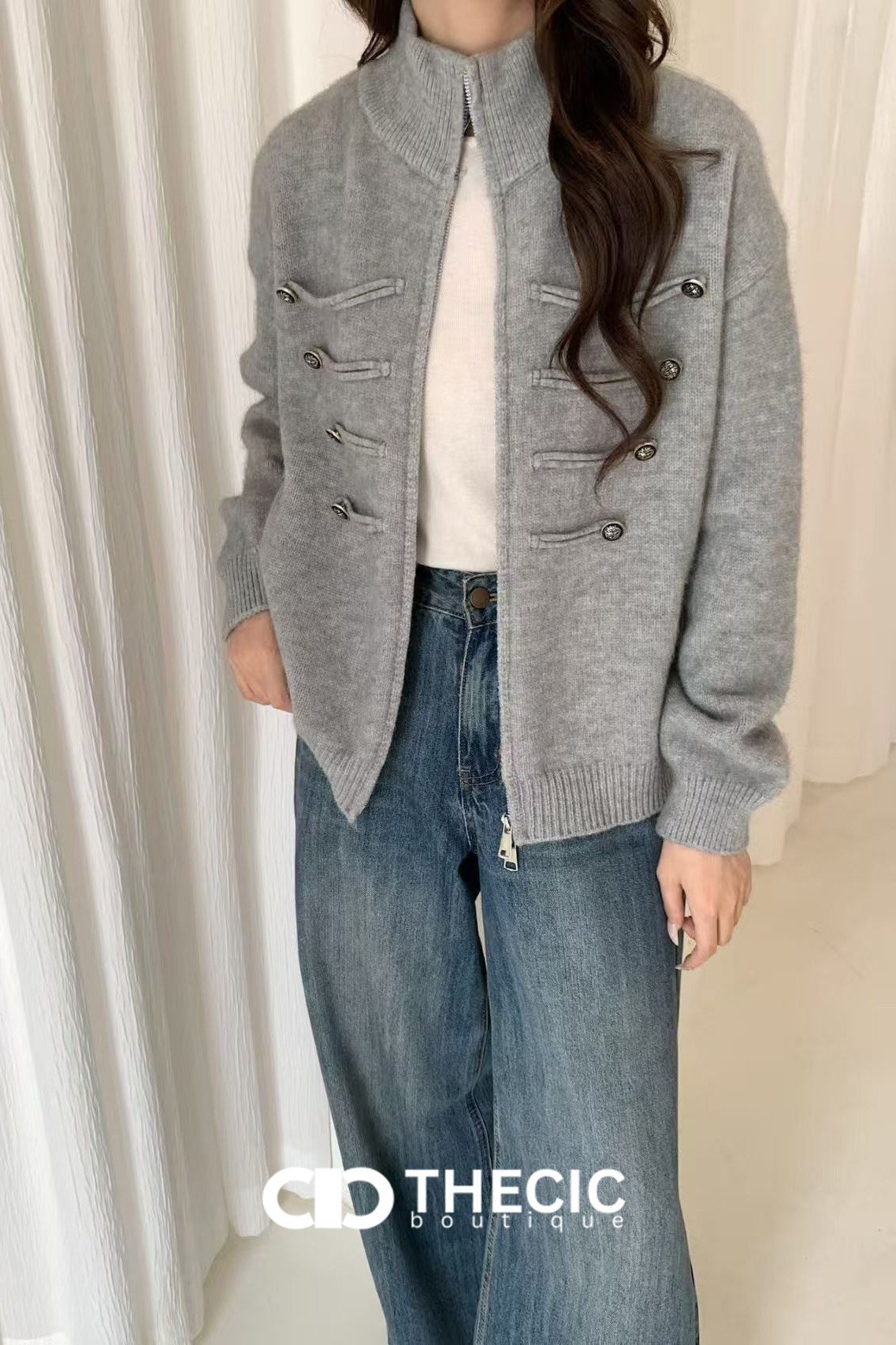 Ribbed Knit High Collar Military Style Cardigan
