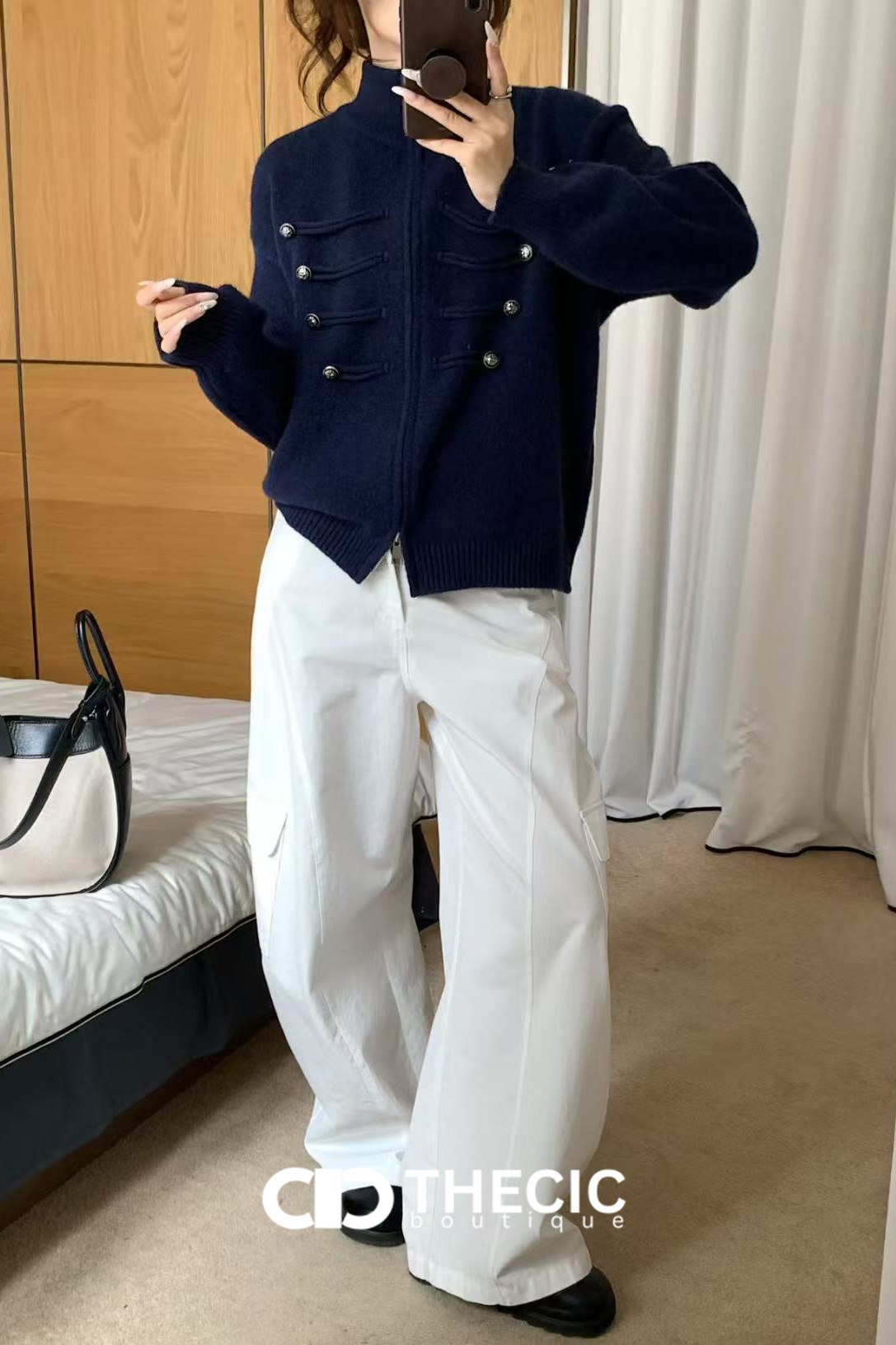 Ribbed Knit High Collar Military Style Cardigan