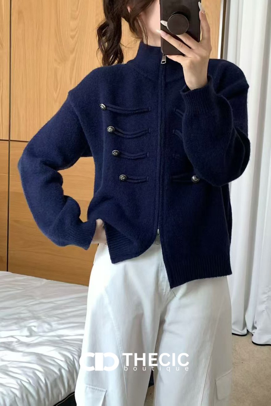 Ribbed Knit High Collar Military Style Cardigan