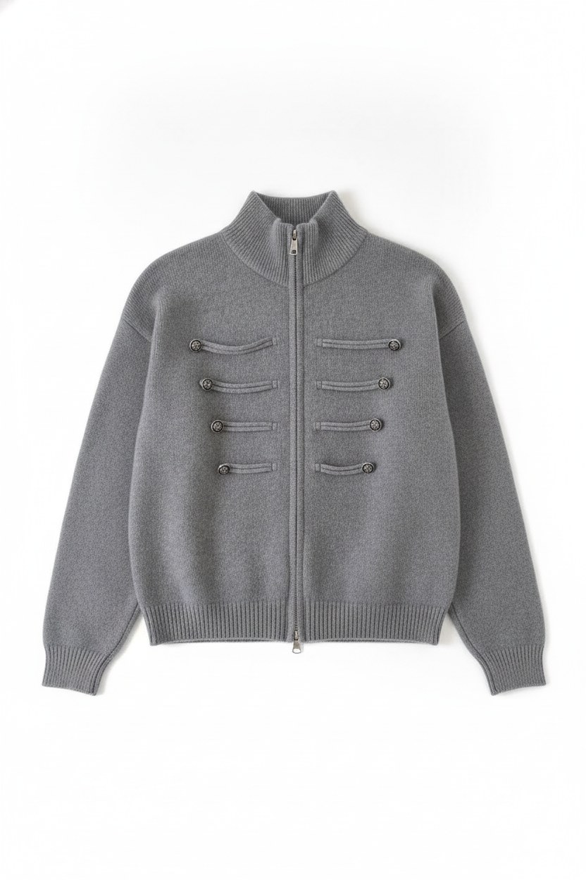 Ribbed Knit High Collar Military Style Cardigan